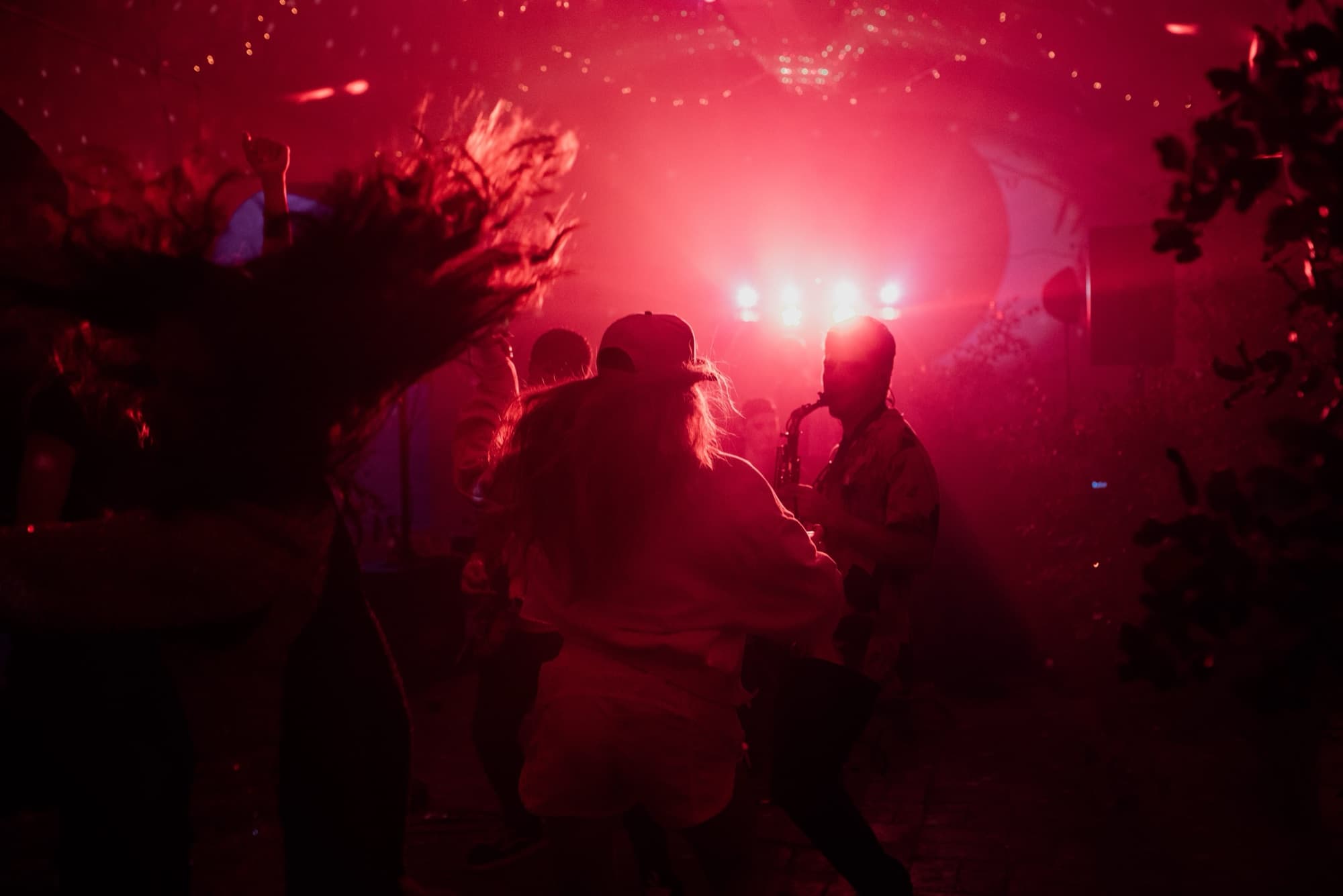 Destination wedding venue in Spain at golden hour with a live band setting up for the reception